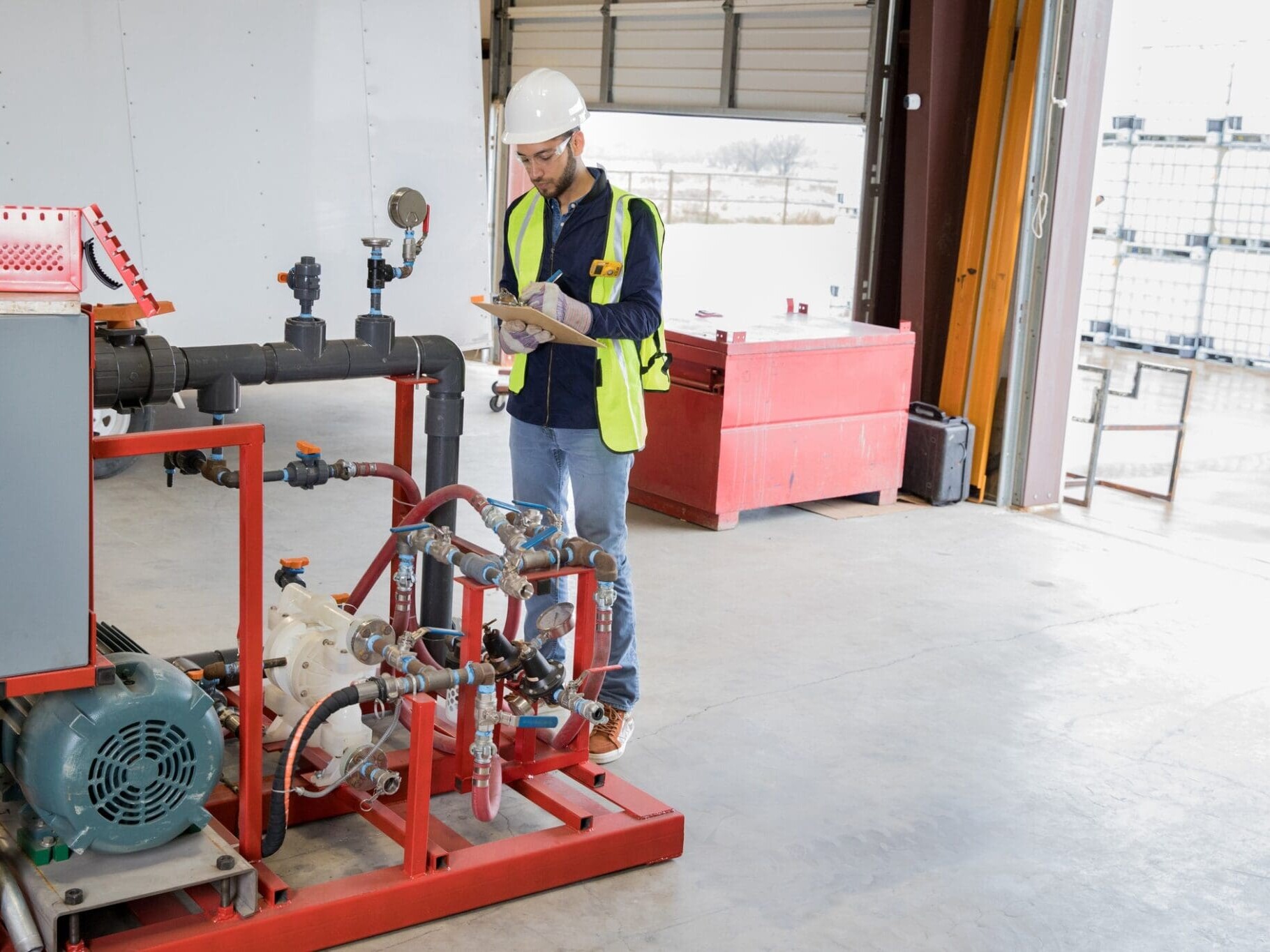 Engineer at oil and gas pipeline company working on heavy equipment