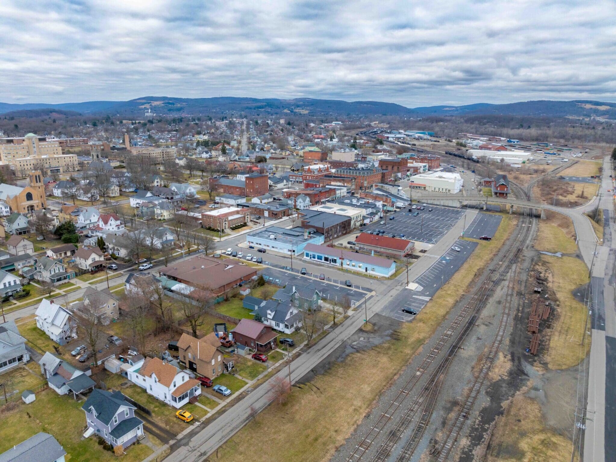 Cloudy winter aerial image of the downtown area in the City of Tullytown, PA